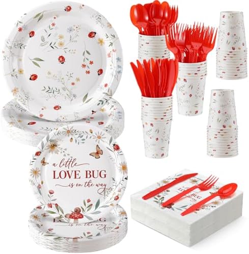 LemonRoad 175 Pcs Little Love Ladybird Party Supplies, Garden Floral Disposable Tableware Set for 25 Guests, 9" Plates, 7" Dessert Plates, Cups, Napkins and Red Cutlery for Baby Shower Birthday by Unknown