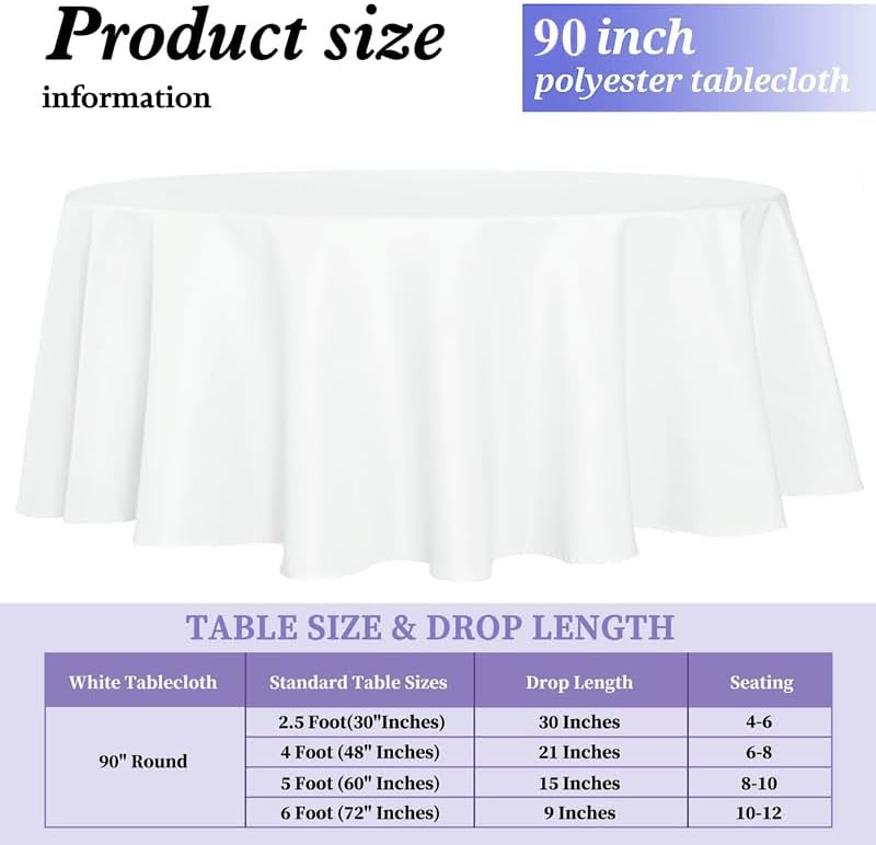 FINDYOU 6 Pack White 90 Inch Round Tablecloths. Stain and Winkle Resistant Polyester Washable White TableCloths for Parties Wedding Dining - Image 4
