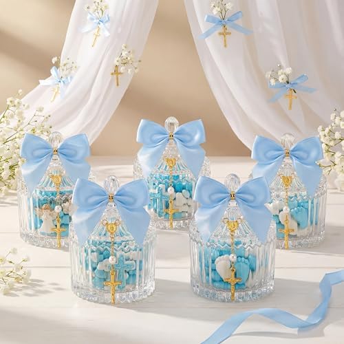 Chuangdi 12 Sets 48 Pcs Baptism Favors for Guests Crystal Candy Bowl Gifts with 12 Pcs Cross Rosary for Baptism Decorations Wedding Baby Shower Supplies First Communion Party(Blue) - Image 2