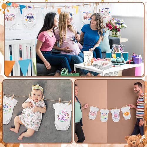 Panitay 126 Pcs Baby Shower DIY Bodysuit Set Bib 25 Blank White Newborn Bodysuit 25 Stencils 24 Marker 1 Sign 50 Pins(Bear) - Image 6