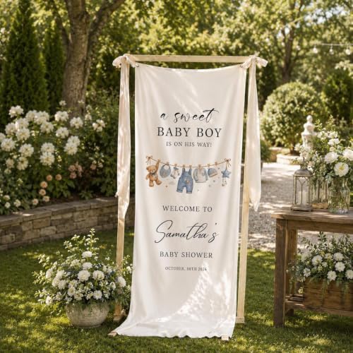 A Sweet Baby Boy Blue Teddy Bear Baby Shower Satin Welcome Banner by Custom