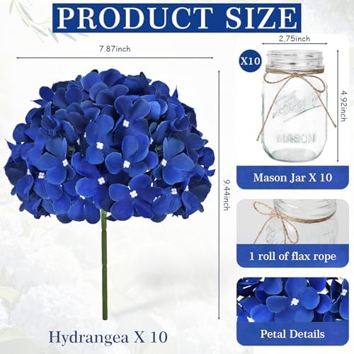 10 Set Mason Jars Centerpieces with Hydrangea - Royal Blue - Image 2