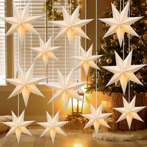 Youyole 12 Set Christmas Paper Star Lantern with Lights, 7 Pointed by Ajaredlulu