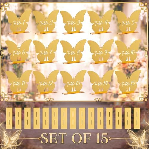 Lewtemi 15 Pcs Butterfly Gold Wedding Table Numbers 1-15 with Stands, Double Sided Mirror 4x5 Inch Acrylic Butterfly Signs Numbers for Reception, Wedding, Party, Anniversary, Events Table Decor - Image 5