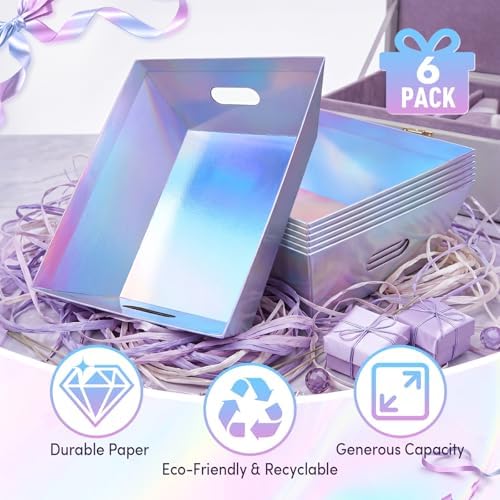 AFOROEOA 6PACK Laser Baskets for Gifts Empty, 12x10x4” Holographic Iridescent Gift Basket Kit with 6 Bows & 6 Bags - Kraft Empty Gift Baskets for Christmas, Weddings, Birthdays, Holiday Gifting Hampers - Image 6
