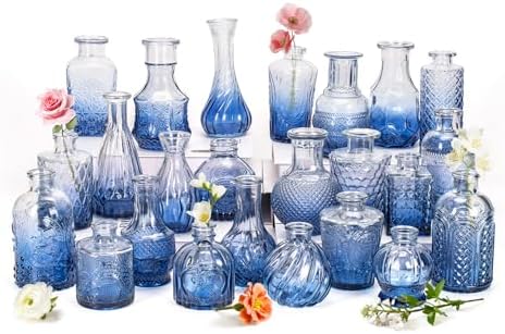 Clear Gradient Blue Glass Bud Vase Set of 24 Pcs,Small Bud Vases in Bulk,Glass Crystal Flower Vases Table Centerpieces for Party Event Wedding Decor Baby Shower Decorations (Gradient Blue, 24 Pcs) by JXINDUJU