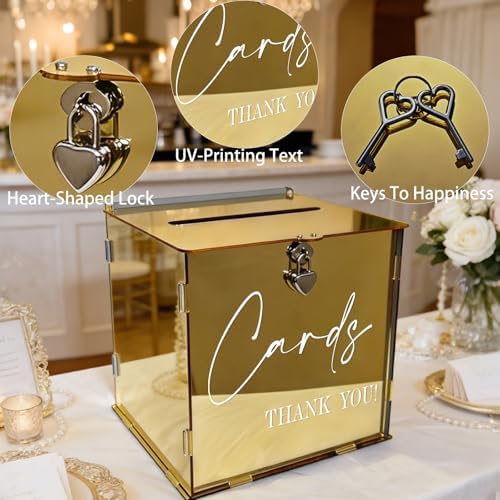 Gold Acrylic Card Box with Lock & Slot, Classy Golden Wedding Card Boxes for Reception, Luxury Monetary Envelope Gift Box for Party Graduation Birthday Anniversary Baby Shower All Occasions - Image 5