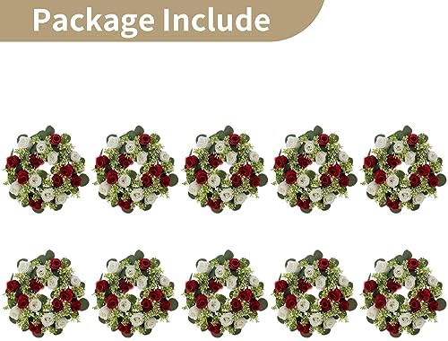 NUPTIO Flower Wedding Centerpieces for Tables - 10 Pcs 14 inch Diam Large Crimson & White Artificial Flowers Fake Roses Candle Rings Wreaths Spring Summer Wreath for Front Door Weddings Party Decor - Image 6
