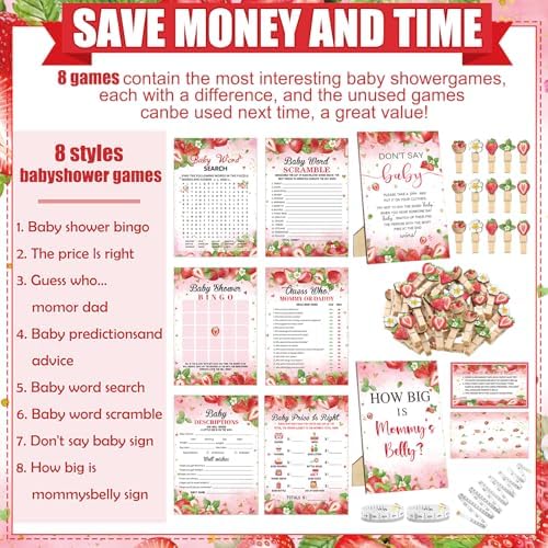 Funnymoom 426 Pcs Strawberry Baby Shower Games Set, 8 Games with Bingo - Image 4