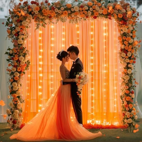 Orange Tulle Backdrop Curtain with Lights String for Parites 10x10ft Sheer Backdrop Curtains Drapes for Birthday Party Baby Shower Wedding Ceremony Prom Halloween Photo Booth Background Decorations - Image 6