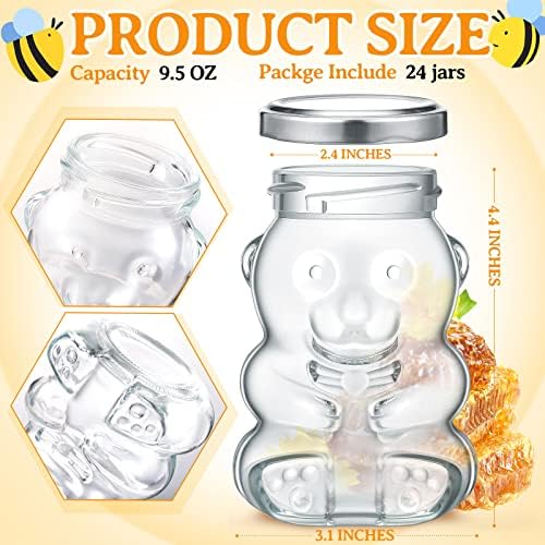 Patelai 24 Pack 9.5 oz Glass Bear Shaped Honey Jars with Lids Reusable Small Tilted Bear Glass Bottles Containers Dispenser for Candies, Birthday Wedding Party Favors (Classic, Silver) - Image 2
