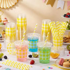 Sliner 50 Sets 16oz Yellow White Gingham Party Plastic Cups - Image 6