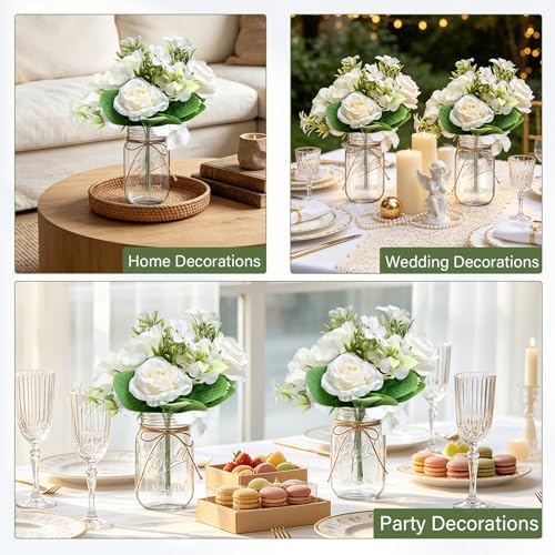 10 Sets Mason Jars Flower Table Centerpiece with White Rose - Ivory - Image 5