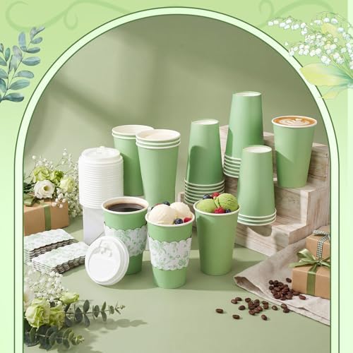 48 Set 16oz Sage Green Disposable Coffee Cups with Lids & Sleeves, White Floral Wildflowers Paper Drinking Cups for Wedding Bride Baby Shower Party - Image 4