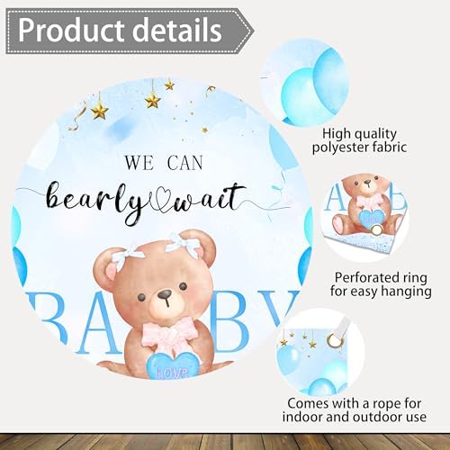 We Can Bearly Wait Backdrop 10 x 8 ft Blue Boho Baby Shower Background - Image 6