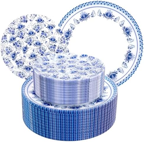 LIYH 60Pcs Blue White Floral Plastic Plates Dinnerware Set for Wedding by LIYHLoveinyourheart