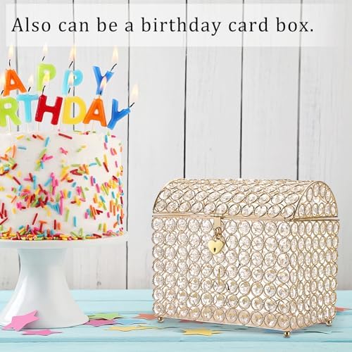 ELLDOO Crystal Wedding Card Box with Heart Lock, Money Card Box Treasure Chest Style Gold Gift for Wedding Receptions Centerpiece Decor Anniversary Keepsake Gift Display Csae, Medium - Image 6