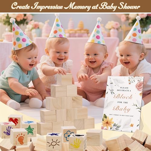 95 PCS Shower Games Sign Kit for Boys Girls, 1 Wooden Game Sign, 52 Blank Wooden Blocks for DIY Drawing, 24 Markers, 18 Stencils, Shower Game for Gender Reveal Activity Decorations - Image 5