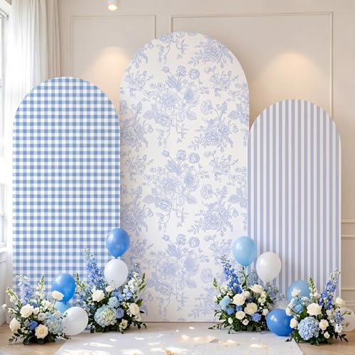 SiliFine Set of 3 Blue Chinoiserie Floral Arch Cover 4ft 5ft 6ft Striped Stretchy Backdrop Covers Gingham Patterns Backdrop Cover for Wedding Birthday Party Bridal Shower Baby Shower Celebration by SiliFine