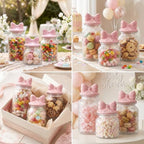 Potchen 3 Set Pink Bow Candy Glass Jars with Ceramic Lid Pink Mason Jars 44oz 34oz 22oz Cute Clear Gridding Cookie Storage Canister for Summer Party Baby Shower Tea Snacks Sugar - Image 4
