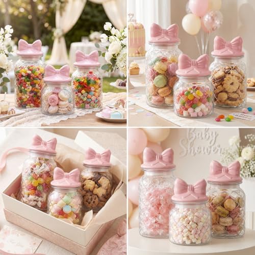 Potchen 3 Set Pink Bow Candy Glass Jars with Ceramic Lid Pink Mason Jars 44oz 34oz 22oz Cute Clear Gridding Cookie Storage Canister for Summer Party Baby Shower Tea Snacks Sugar - Image 4