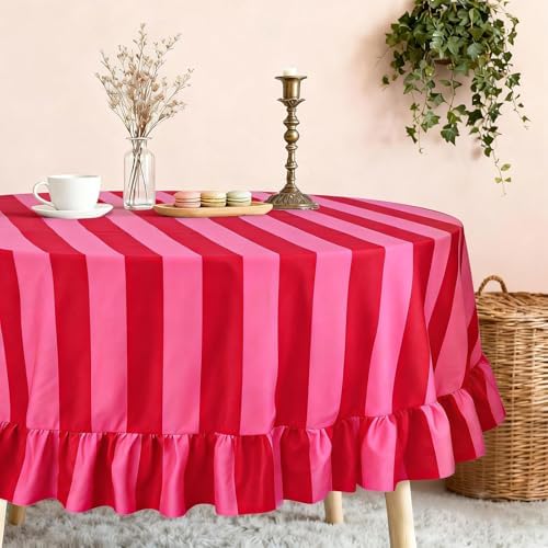 JarThenaAMCS Ruffle Tablecloth Boho Pink Red Striped Table Cloth Round Decorative Table Cover for Home Kitchen Baby Shower Party Wedding Decor, 70 Inch by JarThenaAMCS