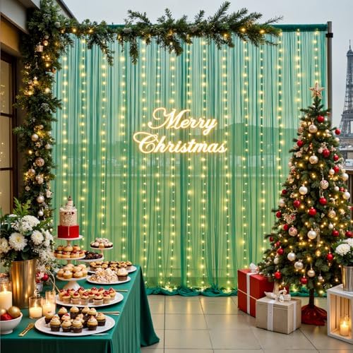 10ft x 10ft Hunter Green Tulle Photo Backdrop Curtain with Lights String for Christmas Party Sheer Curtain Backdrop Drapes for Birthday Party Holiday Wedding Photo Booth Background Room Decorations - Image 5