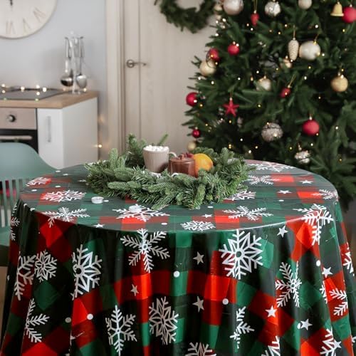 Ganeen 12 Pcs Christmas Snowflake Round Tablecloth 84" Red White Plastic - Image 6