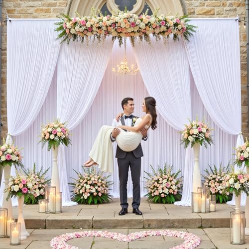 20ft×12ft Wrinkle Free White Backdrop Curtain for Wedding Parties,4 Panels 5×12ft Long Silky Polyester Fabric Backdrop Drapes Photo Back Drop Drapery for Birthday Baby Shower Photography Background by ENJOYYOURPARTY
