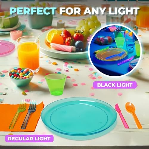 Party Essentials Disposable Plastic Glow-in-the-Dark Party Supplies Dinnerware Decorations, Plate/Cup/Cutlery/Tablecover, 193 Pcs, Assorted Neon - Image 3