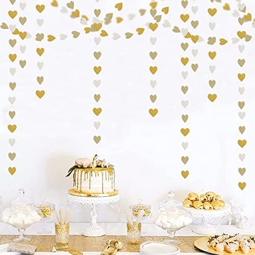 52Ft White-Gold Champagne Party-Decorations Heart Streamers Garland with 14pcs Christmas Wedding Engagement Paper Lanterns Fan,Tissue Pom Poms,Honeycomb Balls - Image 6