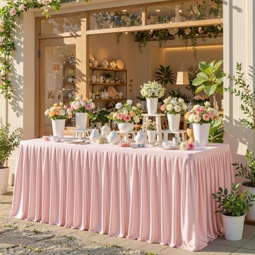 Wish Care Blush Pink Polyester Table Clothes for 8 Foot Rectangle Tables, Wrinkle Free Fitted Table Cover with Pleated Ruffle Table Skirt for Birthday Party Wedding Trade Show Event Display - Image 4