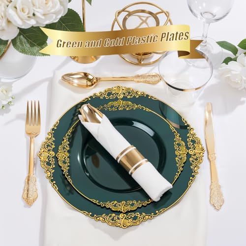 Nervure 350Pcs Green Plastic Plates, Plastic Dinnerware Set for 50 Guests - Image 6