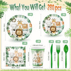 Ziliny 280 Pcs Jungle Safari Animal Tableware Decoration Set Baby Shower - Image 2