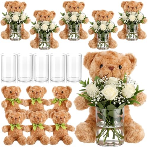 6 Set Bear Baby Shower Centerpiece with Glass Vase 12" Large Plush Bear Party Table Decor for Bridal Party Gift Nursery Home Decor Newborn Welcome Valentines Gift, Flower Not Included by Unknown