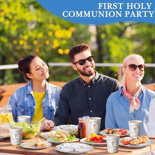 Ziliny 250 Pcs God Bless Baptism Party Tableware Set for 50 Guest First Holy Communion Decorations Blue Eucalyptus Leaves Paper Plates Napkins and Cups for Christening Baby Shower Religious - Image 4