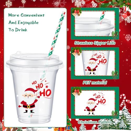 FoldTier 60 Set Christmas Cups 14 oz with Lids Straws Red Green - Image 3