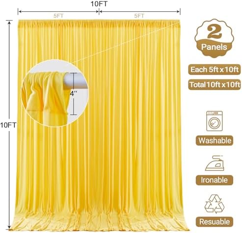 10x10FT Backdrop Curtains with Rod Pockets - Wrinkle Free Photo Stage Backdrop 2 Panels Curtains Drapes for Photography Wedding Party Baby Shower Decorations (Yellow) - Image 6