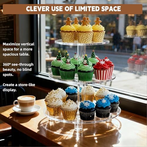 3 Tier Cupcake Stand, 4mm Thick Heavy Duty Acrylic Dessert Table Display Trays, 10" 8" 6" Round Cupcake Holder Decorative Bakery Tower for Wedding, Party, Baby Shower, Event - Image 3