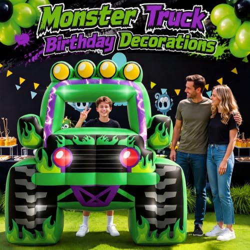 Junkin 6 x 5 FT Monster Truck Inflatable Photo Booth Frame with LED Lights, Giant Racing Truck Photo Prop, Birthday Party Decorations, Baby Shower Decor, Racing Theme Party Supplies (Lightning,Green) - Image 5