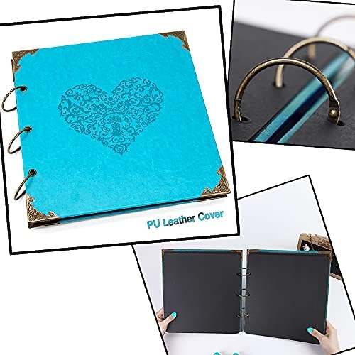 Photo Album DIY Scrapbook, 10x10 inch 50 Pages Vintage Leather Cover Three-Ring Binder Picture Booth Albums + 9 Colors 408pcs Self Adhesive Photos Corners for Personalized Memory Keep (Cyan) - Image 2