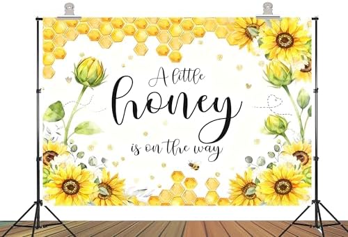 10x8ft Fabric Sunflower Honey Theme Baby Shower Backdrop Banner, Yellow Floral Photography Background with Honeycomb Design, A Little Honey is on The Way Party Decoration - Image 2