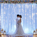 20ft x 10ft Baby Blue Chiffon Backdrop Curtain with Lights String for Parties,4 Panels Sheer Tulle Curtain Wedding Backdrop for Baby Shower Birthday Party Ceremony Reception Home Decorations - Image 4
