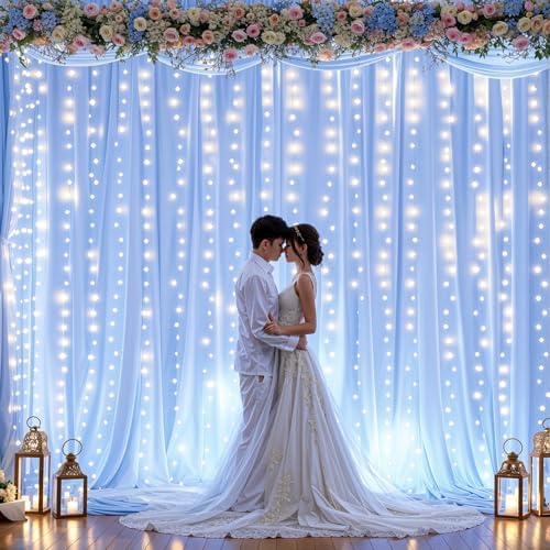20ft x 10ft Baby Blue Chiffon Backdrop Curtain with Lights String for Parties,4 Panels Sheer Tulle Curtain Wedding Backdrop for Baby Shower Birthday Party Ceremony Reception Home Decorations - Image 4