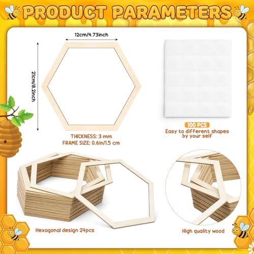 Gerrii 48 Pcs Honey Bee Honeycomb Decorations Include 8.2'' Wooden Hexagon 3D Bee Wall Backdrop Decor Honeycomb Beehive Sign for Baby Shower DIY Honeybee Birthday Party Decorations - Image 3