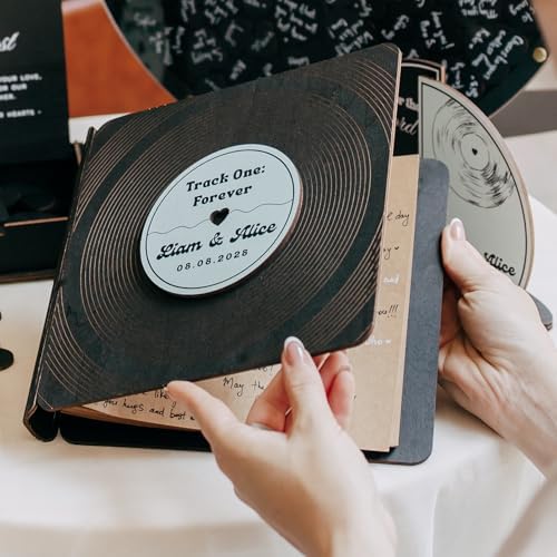 Personalized Vinyl Record Wedding Guest Book Alternative – Black Wood Sign with Custom Names and Date – Alternative Wedding Reception Decor - Fall Wedding Guestbook Reception - Image 4