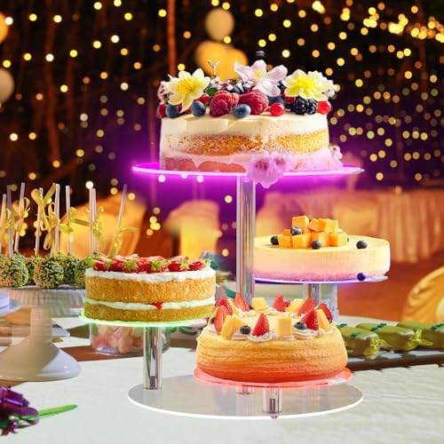 Cake Stand with Rechargable LED Light, Round Light Up Cupcake Stand, Cupcakes and Cakes Comb for 8-12 Inch Cakes, Tiered Cake Tree Tower, Clear Dessert Display Stand for Wedding Birthday Party - Image 3