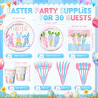 Honeydak 210 Pcs Happy Easter Party Supplies for 30 Guests, Includes Colorful Bunny Plates, Cups, Napkins, Cutlery - Cute Rabbit Carrot Tableware Decoration for Baby Shower Easter Party - Image 3