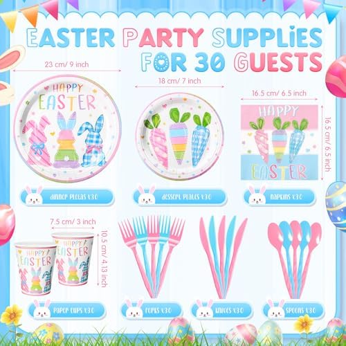 Honeydak 210 Pcs Happy Easter Party Supplies for 30 Guests, Includes Colorful Bunny Plates, Cups, Napkins, Cutlery - Cute Rabbit Carrot Tableware Decoration for Baby Shower Easter Party - Image 3