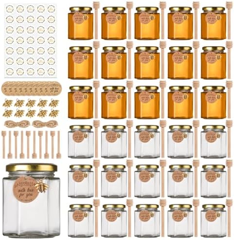 6 oz Honey Jars with Dipper, 30 Pack Hexagon Honey Jar by Mcupper